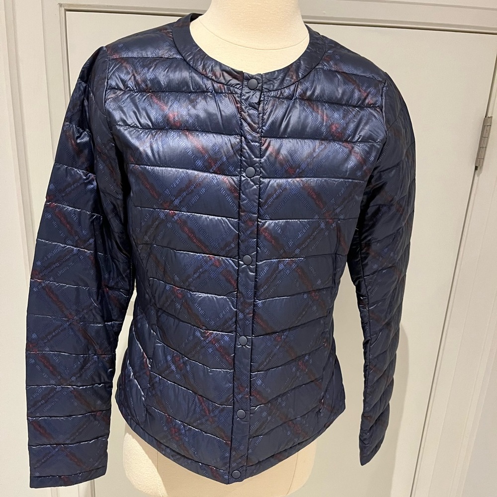 Uniqlo blue and red patterned light down jacket- great for layering